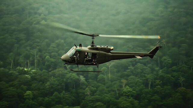 Helicopter flight over lush forest