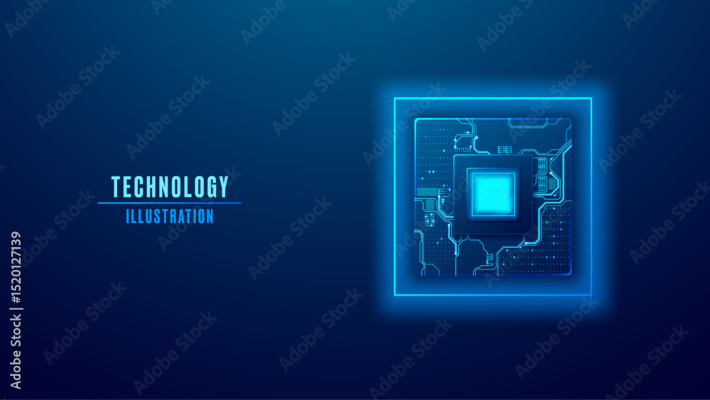 Poster AI chip with light blue neon square frame and circuit board components. Technology futuristic background. Computer microchip on empty cyber backdrop with text on left side. Vector digital data bg.