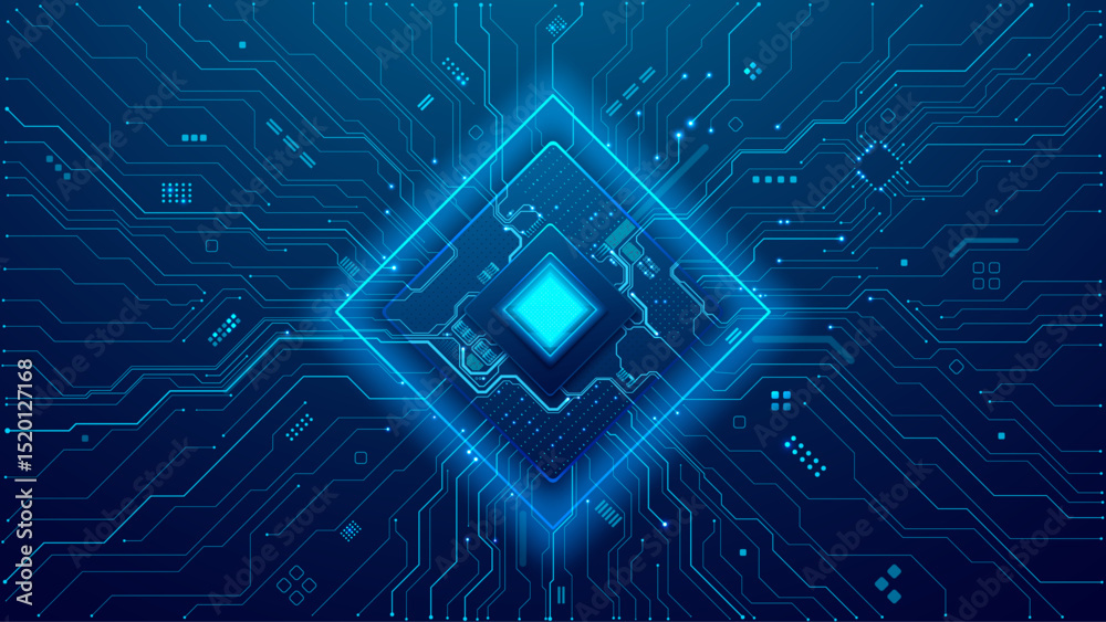 Poster Futuristic light blue circuit board with AI innovation chip. Artificial Intelligence semiconductor with thin line wires and abstract electronics components. Digital CPU and PCB tech background. Vector