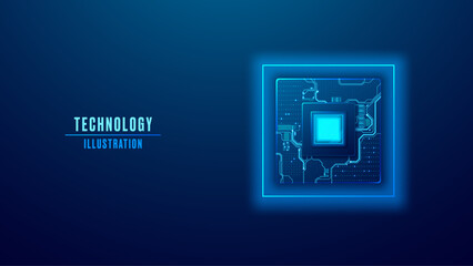 AI chip with light blue neon square frame and circuit board components. Technology futuristic background. Computer microchip on empty cyber backdrop with text on left side. Vector digital data bg.