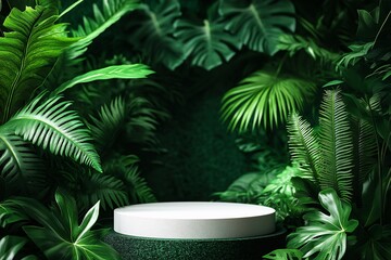 Fototapeta premium Lush Greenery Podium Background for Botanical Product Showcase in Nature-Inspired Studio Setting