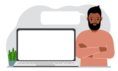 A man near a laptop stands with his arms crossed. There is a white cloud for writing text from his mouth.