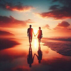 A realistic image showing two people holding hands, walking slowly along a beach during sunset.