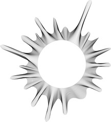 Hollow circle with starburst rays ending in dot-like forms arranged concentrically with fine line textures and organic radial layering creating textured effect.