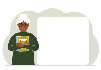 A woman holds a stack of books in his hands. Knowledge or education for future work, personal improvement, reading list. Vector flat illustration