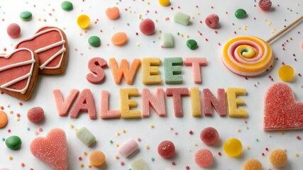 Sweet Valentine message spelled with colorful candy letters. Valentine's Day sweets include heart shaped cookies and lollipops. Sweet Valentine's Day concept for cards invitations or social media post - Powered by Adobe
