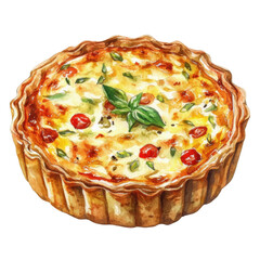 a savory tart is centered against a plain backdrop. the dish has a golden brown, intricately crimped crust. the creamy filling is dotted with red spheres and thin, green slivers