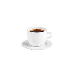 against a stark backdrop, a simple, white cup and saucer are featured. the cup, filled with a dark liquid, is placed on the saucer. the cup is round and holds a drink