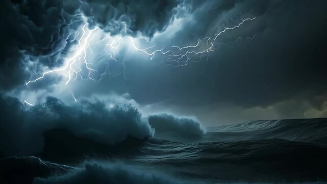 raging ocean with big wave under lightning storm sky 