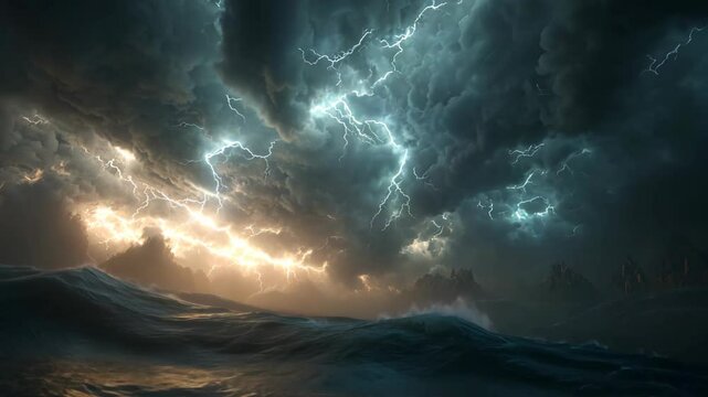 raging ocean with big wave under lightning storm sky 