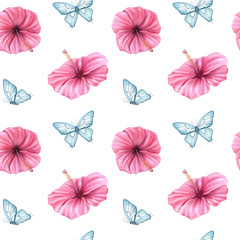 Pink mallows and abstract blue butterflies watercolor seamless pattern isolated background. Delicate floral illustration for wedding invitation, feminine fashion textile, baby clothing, bedding