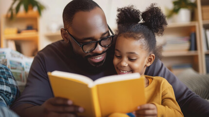 Happy African American father and daughter read a book together. They are smiling and sitting on a couch in a cozy living room
