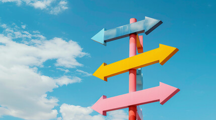 Colorful blank road sign direction arrows. Multicolor blank road sign arrows pointing to different directions under the blue sky during the day. 