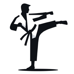 Martial artist silhouette performing high kick vector illustration representing agility, power, and precision on transparent background for martial arts design and training materials