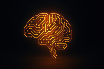 Orange Futuristic Brain Shape Made From Glowing Microchip Circuits On Dark Background