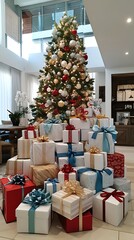 Festive christmas scene with presents under a decorated tree in a cozy living room setting indoors