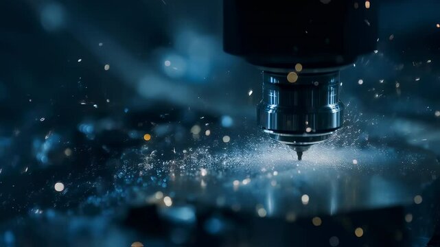 Industrial laser precisely engraving metal surface, generating bright sparks while demonstrating high precision automated manufacturing technology and advanced metalworking capabilities