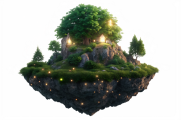 A floating island with a large tree and small houses illuminated by lights on a black background