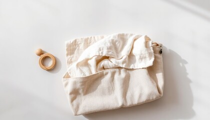 Baby blanket and fabric pouch with wooden ring on a light surface for diaper bag concept