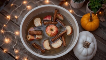 Autumn-themed bowl with apples, cinnamon sticks, and pumpkins with warm lights for Halloween concept
