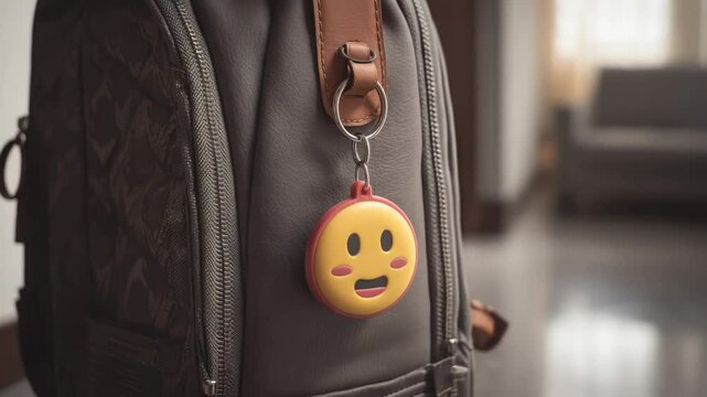 Smiley emoji keychain hanging from zipper on a backpack

