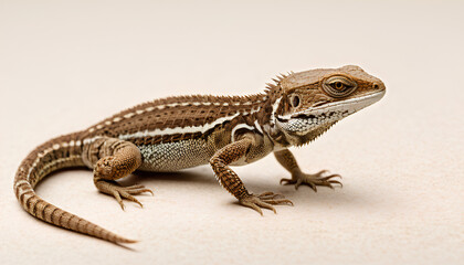 Naklejka premium Tiny Brown Lizard Resting on Beige and White Surface