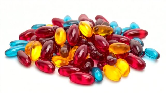 Colorful assortment of gelatin capsules scattered on a white background, showcasing various sizes and shapes