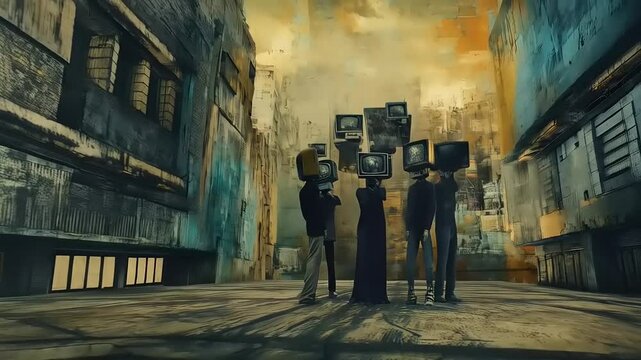 Surreal assemblage of individuals with television sets for heads in urban setting