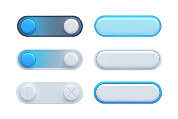 A set of six toggle switches in blue and white with different states and designs on a black background