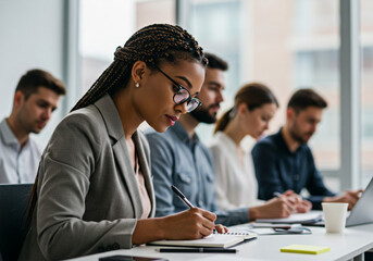 Businesswoman taking notes in meeting
