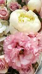 White Peonies, Hydrangeas, and Pink Lisianthus – Elegant Floral Close-up
