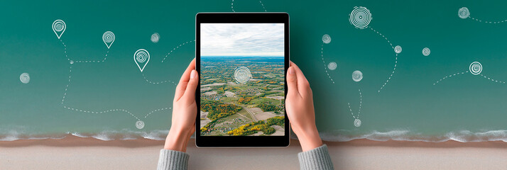 Hands holding a tablet with a landscape view and location icons, symbolizing GPS navigation, digital maps and geolocation technology for travel, exploration and remote connectivity