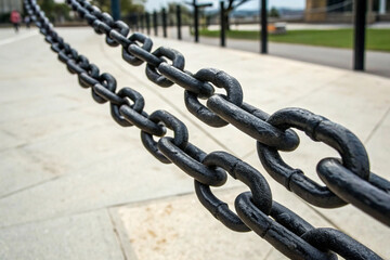 Naklejka premium Close-up of robust black chains forming an 'X,' representing boundaries or industrial durability.