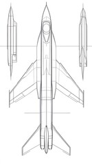 Detailed line drawing of a military jet aircraft.