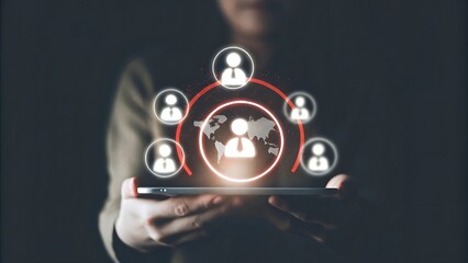 Fototapeta premium Target customer, buyer persona, customer behavior concept. Businessman shows target customer on virtual screen. Marketing plan and strategies. Personalization marketing, customer centric strategies.AI