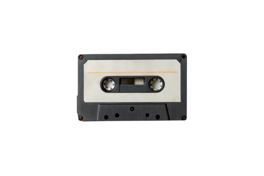 A close up shot of a vintage cassette tape on a black background showing retro technology item