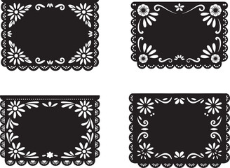 Decorative black and white Papel Picado style floral banners silhouette vector sets