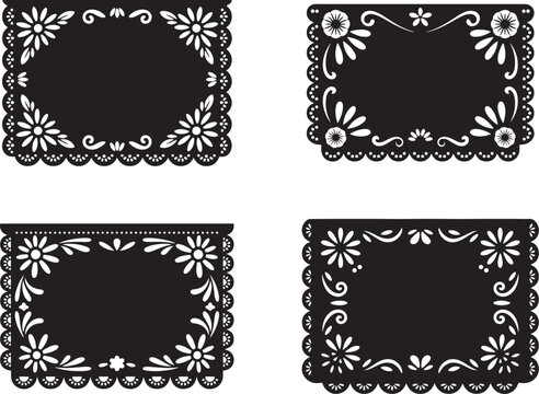 Decorative black and white Papel Picado style floral banners silhouette vector sets