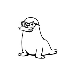 An intellectual seal with eyeglasses and a book, exuding intelligence and a love for knowledge. The graphic illustrates a clever combination of wisdom and marine life.