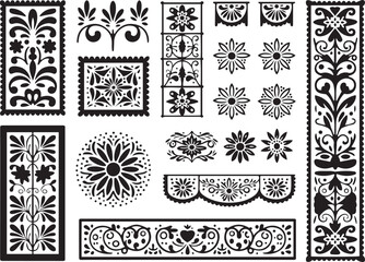 Set of Mexican decorative frames and borders in black silhouette style. Includes floral, geometric, and papel picado inspired patterns, festive folk art motifs