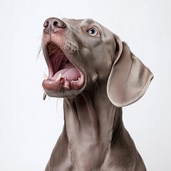 Adorable Weimaraner Dog Yawning. Playful Pet Portrait Highlighting Whiskers & Muzzle Detail