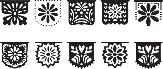 Set of Mexican decorative frames and borders in black silhouette style. Includes floral, geometric, and papel picado inspired patterns, festive folk art motifs