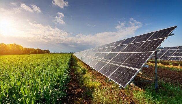 agri voltaic system with solar panels and crops showcasing sustainable energy and agriculture integration