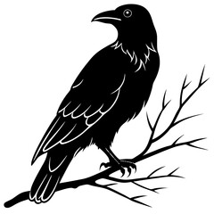 Raven Silhouette on Tree Branch A Detailed Vector Illustration of a Raven Perched on a Branch