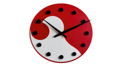 Novel red and white circular clock with black hands on a transparent background, PNG image, PNG file.