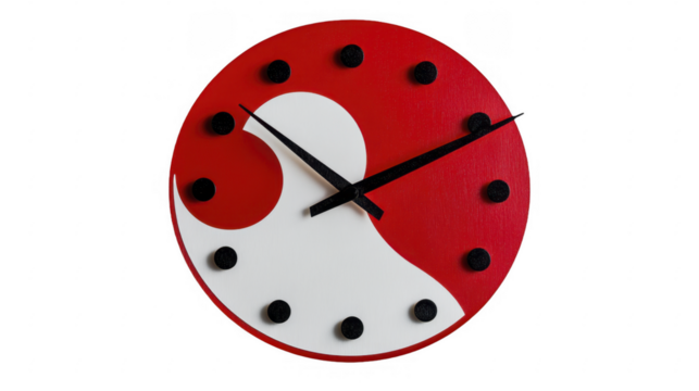 Novel red and white circular clock with black hands on a transparent background, PNG image, PNG file.