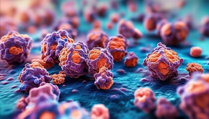 Microscopic view of cancer cells, detailed 3D medical illustration of tumor growth on tissue surface