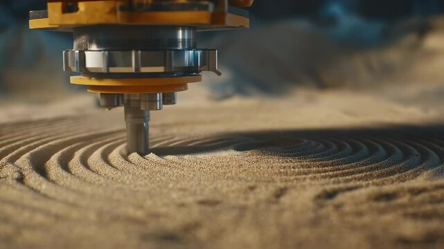 Automated precision engineering is showcased as a robotic arm meticulously engraves perfect concentric circles onto a smooth sand surface, creating a mesmerizing pattern