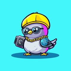 Chilling Bird with Accessories: Adorable cartoon bird sporting a trendy cap, glasses, and a stylish chain, casually holding a boombox, embodies the essence of cool and vibrant youth culture.