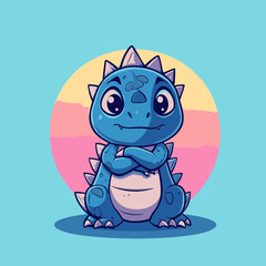 Blue Dino's Playful Stance: An endearing illustration depicts a cheerful blue dinosaur, with a friendly expression and arms crossed, against a vibrant pastel backdrop.